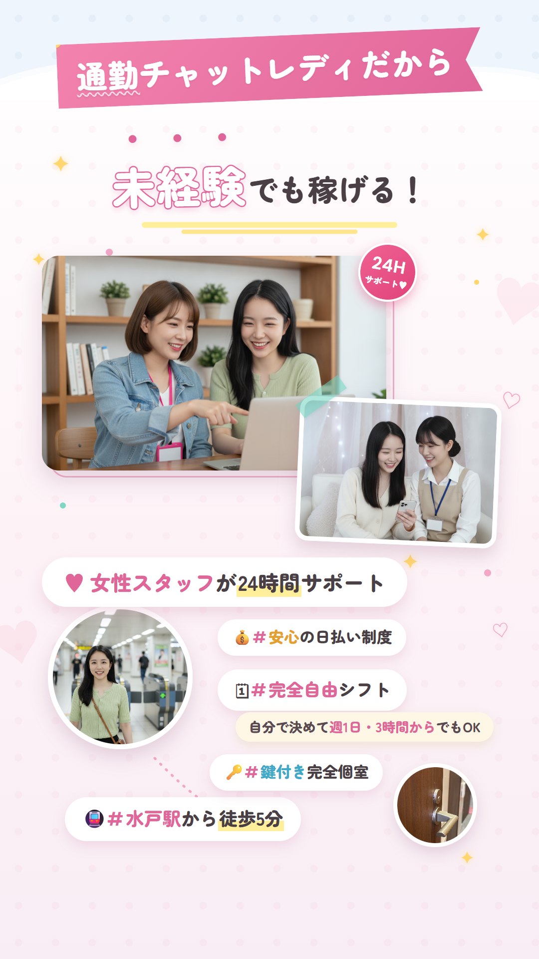 通勤チャットレディだから未経験でも稼げる！ POINT01 水戸駅から徒歩5分 POINT02 女性スタッフが24時間サポート(スタッフと女の子の楽しいレクチャー風景) POINT03 鍵付き完全個室(実際のお部屋のドア写真)